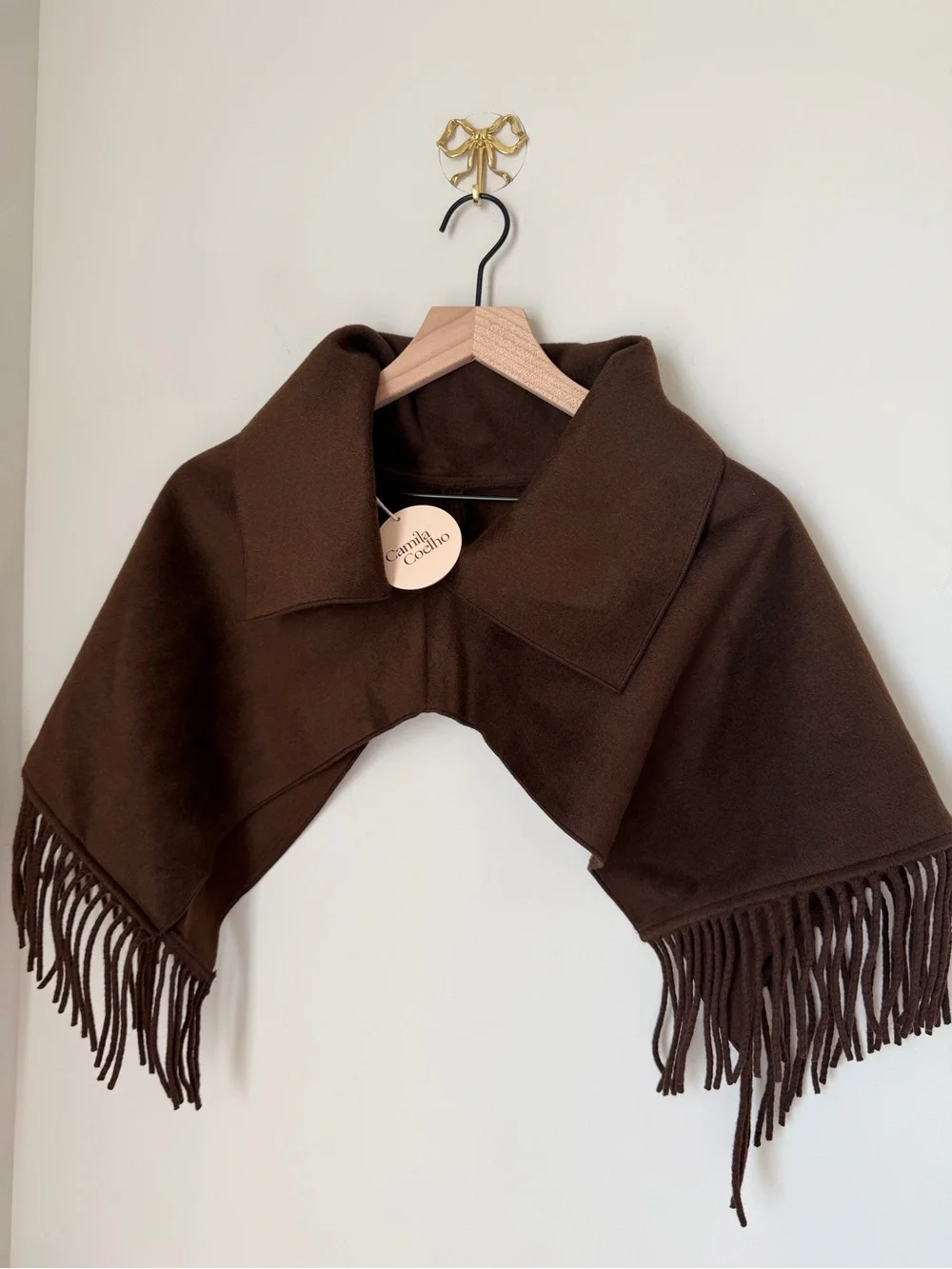 Camila Coelho Dark Brown Fringe Shawl Collar Cape